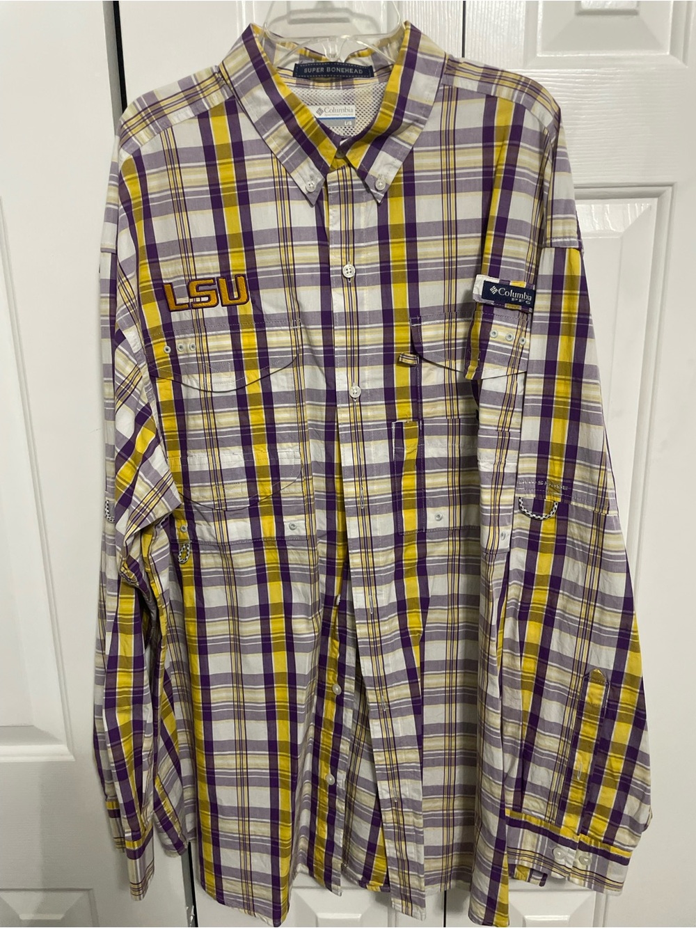 Columbia Men's LSU Plaid Button-Down Shirt - White, Purple & Yellow
